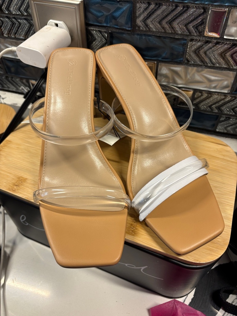 Clear-Strap Tan Slide Heels with Nude Insole - Women